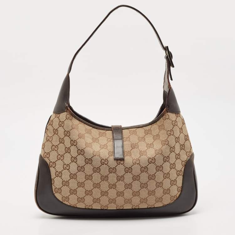Pre Owned Gucci Dark Brown/Beige GG Canvas and Leather Jackie Hobo