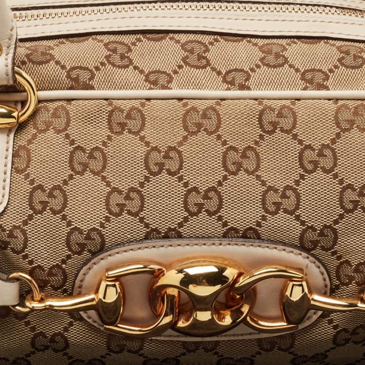Pre Owned Gucci White/Beige GG Canvas and Leather Wave Boston Bag