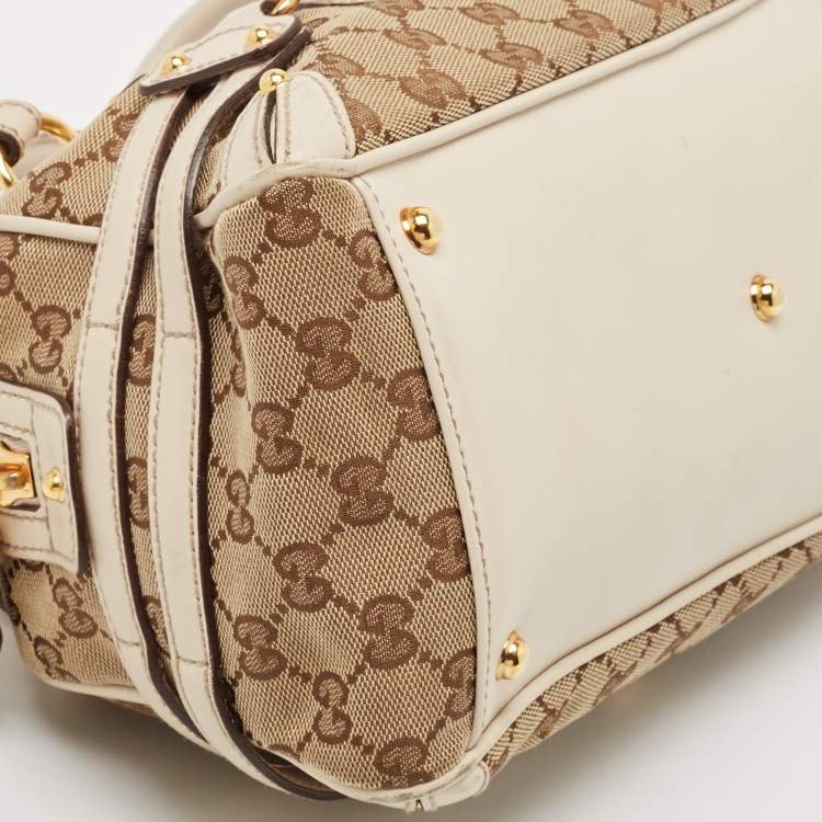 Pre Owned Gucci White/Beige GG Canvas and Leather Wave Boston Bag
