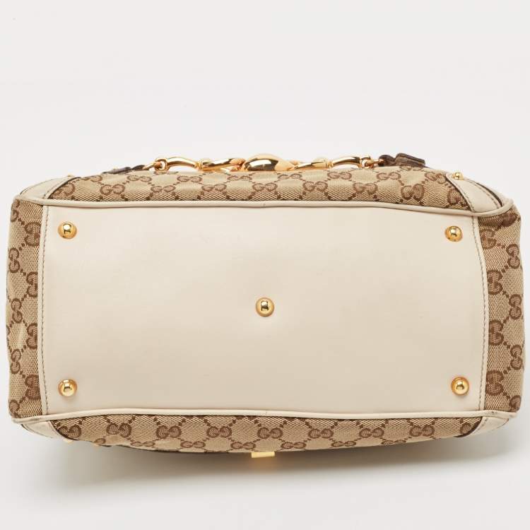 Pre Owned Gucci White/Beige GG Canvas and Leather Wave Boston Bag