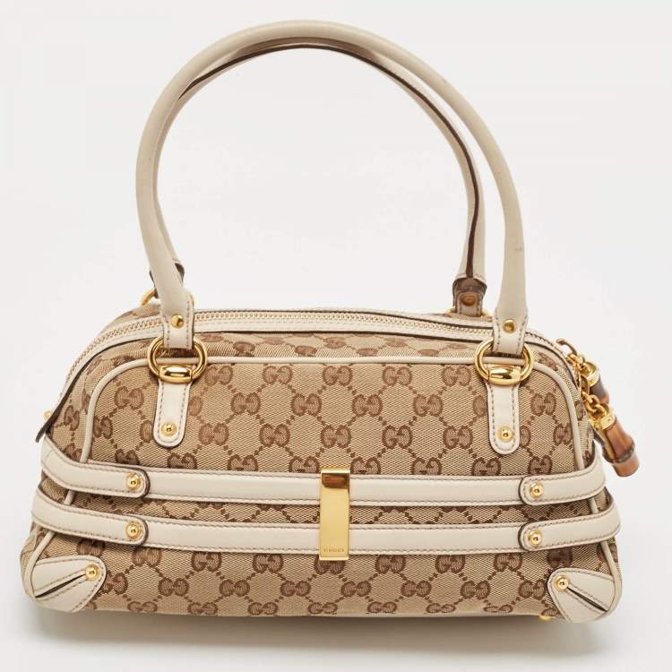Pre Owned Gucci White/Beige GG Canvas and Leather Wave Boston Bag