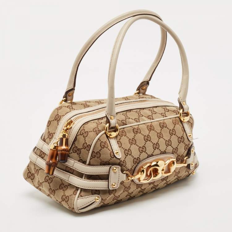 Pre Owned Gucci White/Beige GG Canvas and Leather Wave Boston Bag