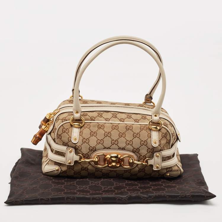 Pre Owned Gucci White/Beige GG Canvas and Leather Wave Boston Bag
