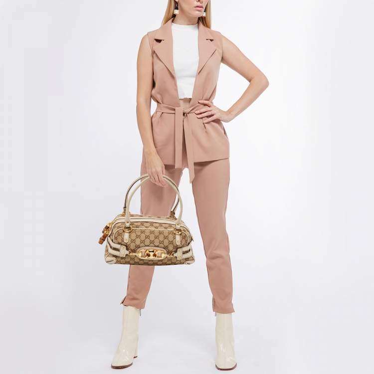 Pre Owned Gucci White/Beige GG Canvas and Leather Wave Boston Bag