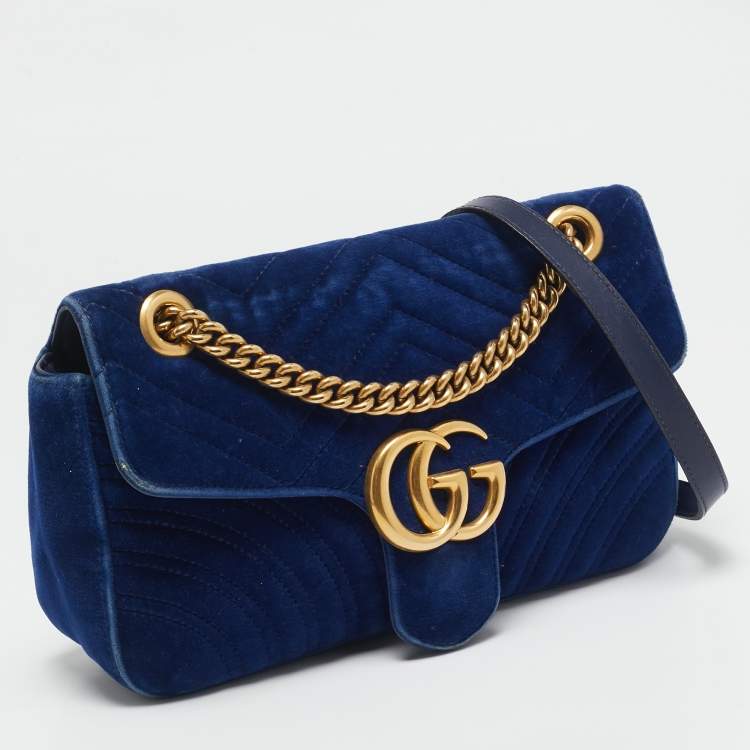 Pre Owned Gucci Navy Blue Matelassé Velvet and Leather Small GG Marmont Shoulder Bag