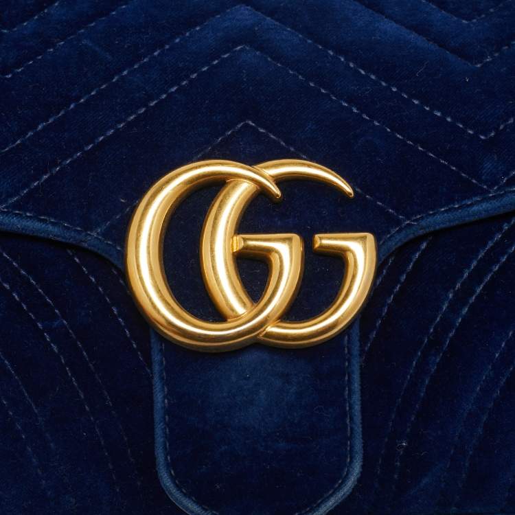 Pre Owned Gucci Navy Blue Matelassé Velvet and Leather Small GG Marmont Shoulder Bag