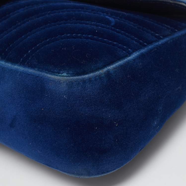 Pre Owned Gucci Navy Blue Matelassé Velvet and Leather Small GG Marmont Shoulder Bag