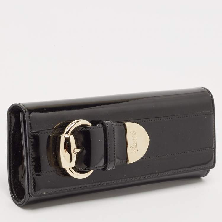 Pre Owned Gucci Black Patent Leather Romy Buckle Clutch