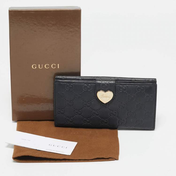 Pre Owned Gucci Black Guccissima Leather Heart Flap Continental Wallet