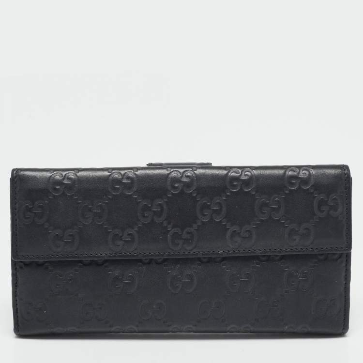 Pre Owned Gucci Black Guccissima Leather Heart Flap Continental Wallet