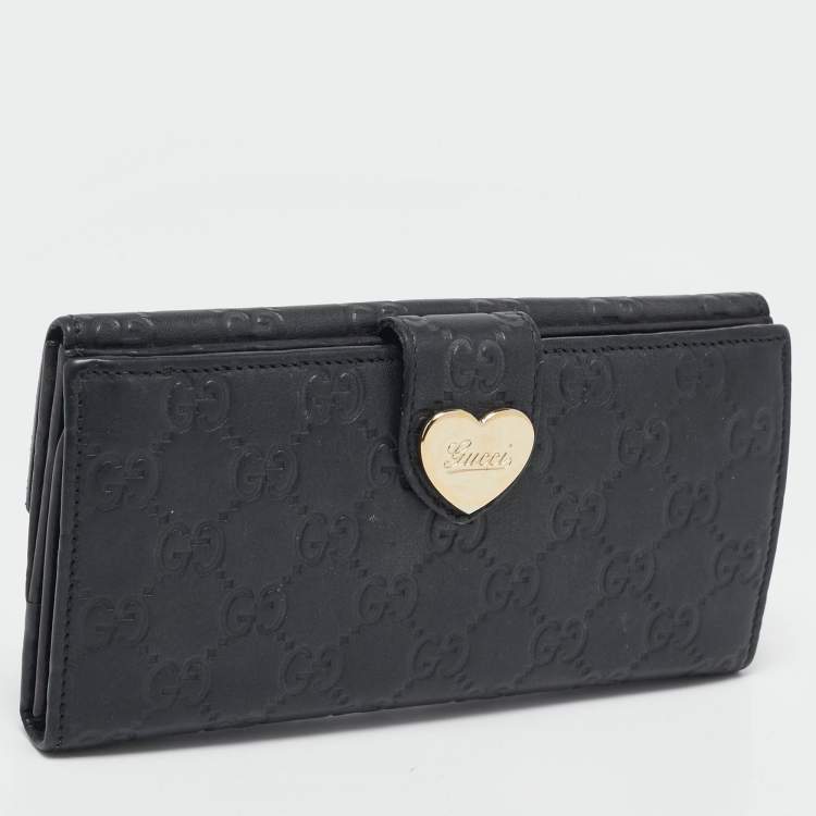 Pre Owned Gucci Black Guccissima Leather Heart Flap Continental Wallet
