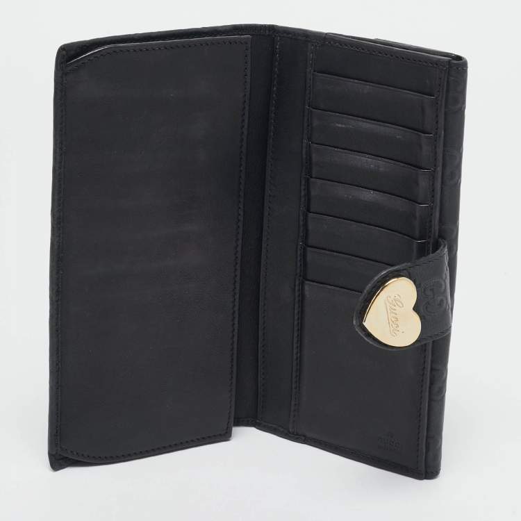Pre Owned Gucci Black Guccissima Leather Heart Flap Continental Wallet