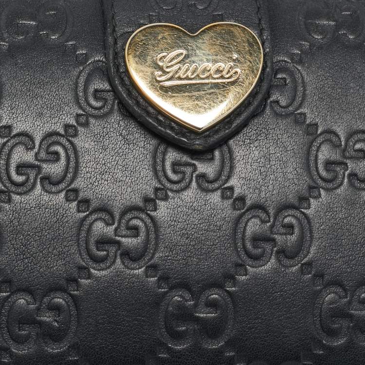 Pre Owned Gucci Black Guccissima Leather Heart Flap Continental Wallet