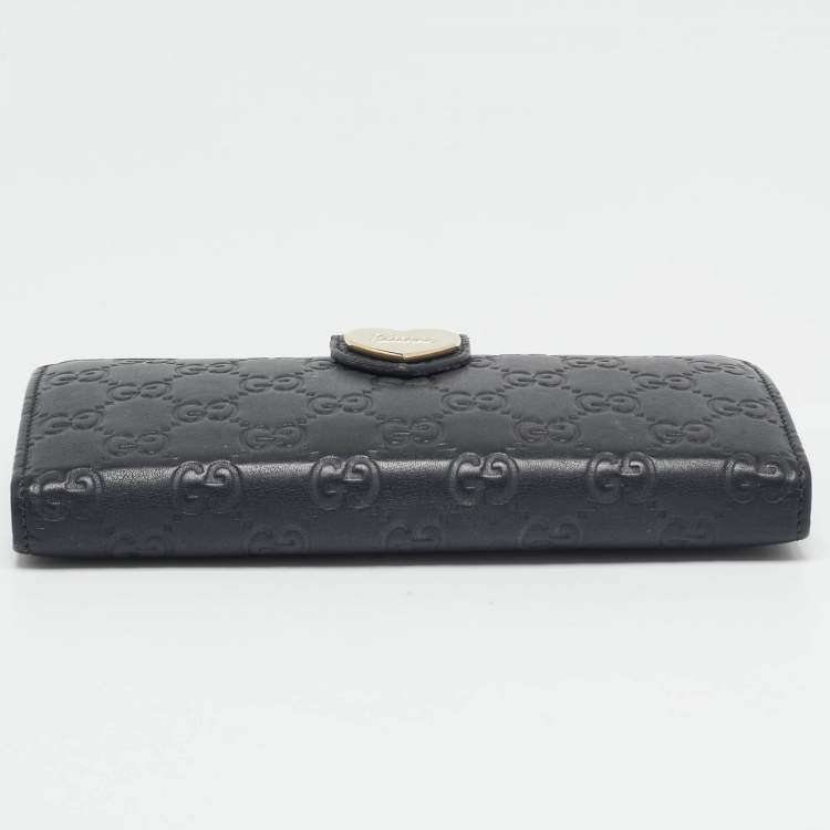 Pre Owned Gucci Black Guccissima Leather Heart Flap Continental Wallet
