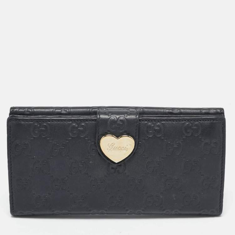 Pre Owned Gucci Black Guccissima Leather Heart Flap Continental Wallet