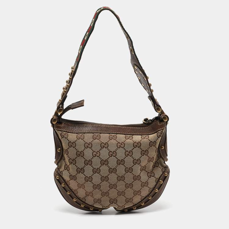 Pre Owned Gucci Beige/Brown GG Canvas and Leather Small Studded Pelham Hobo