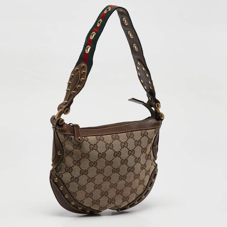 Pre Owned Gucci Beige/Brown GG Canvas and Leather Small Studded Pelham Hobo