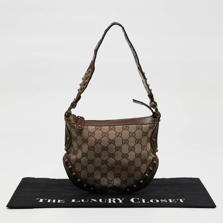 Pre Owned Gucci Beige/Brown GG Canvas and Leather Small Studded Pelham Hobo