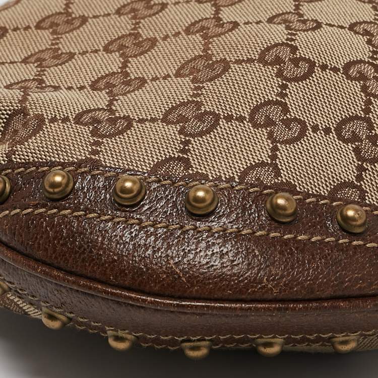 Pre Owned Gucci Beige/Brown GG Canvas and Leather Small Studded Pelham Hobo