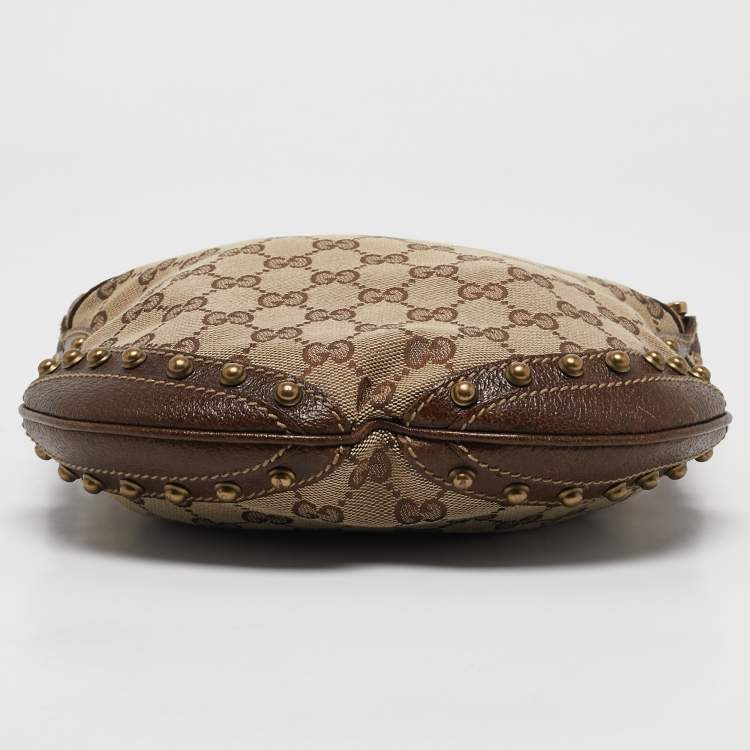 Pre Owned Gucci Beige/Brown GG Canvas and Leather Small Studded Pelham Hobo