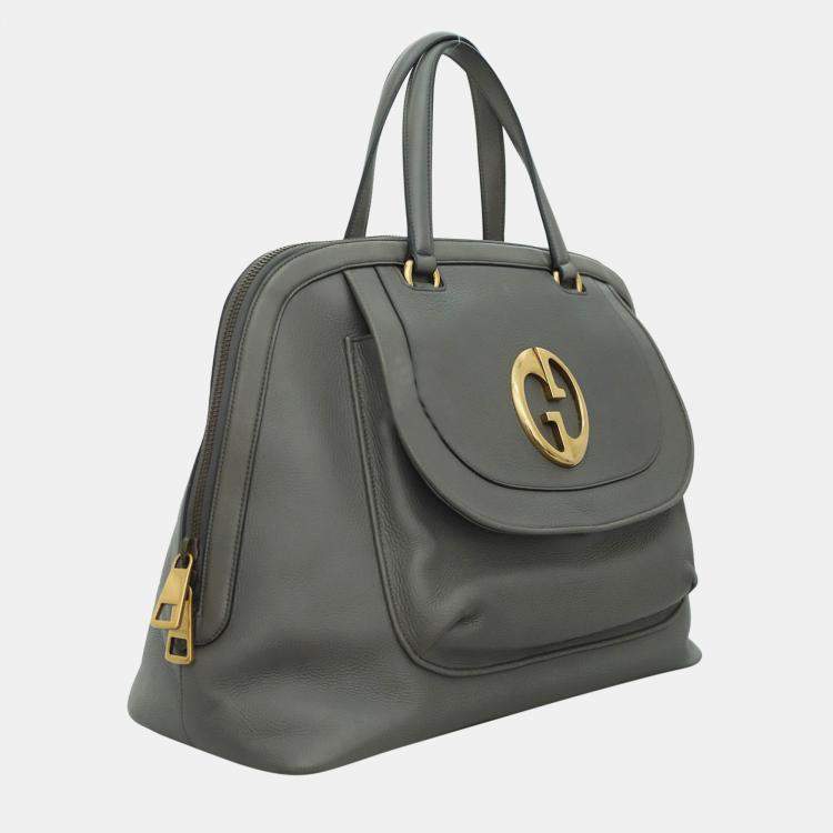 Pre Owned Gucci Grey Leather 1973 Top Handle Oversized Travel Bag