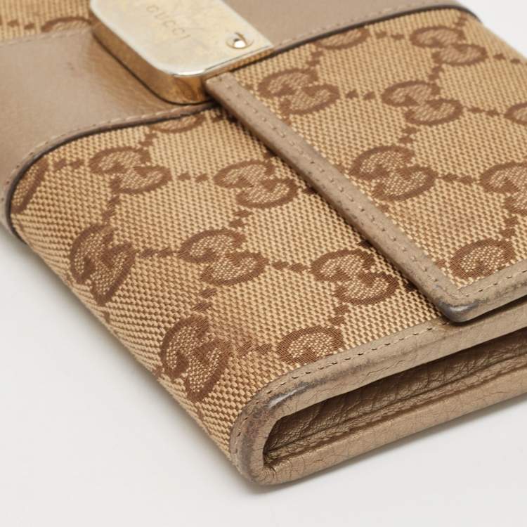 Pre Owned Gucci Beige/Brown GG Canvas and Leather Flap Continental Wallet