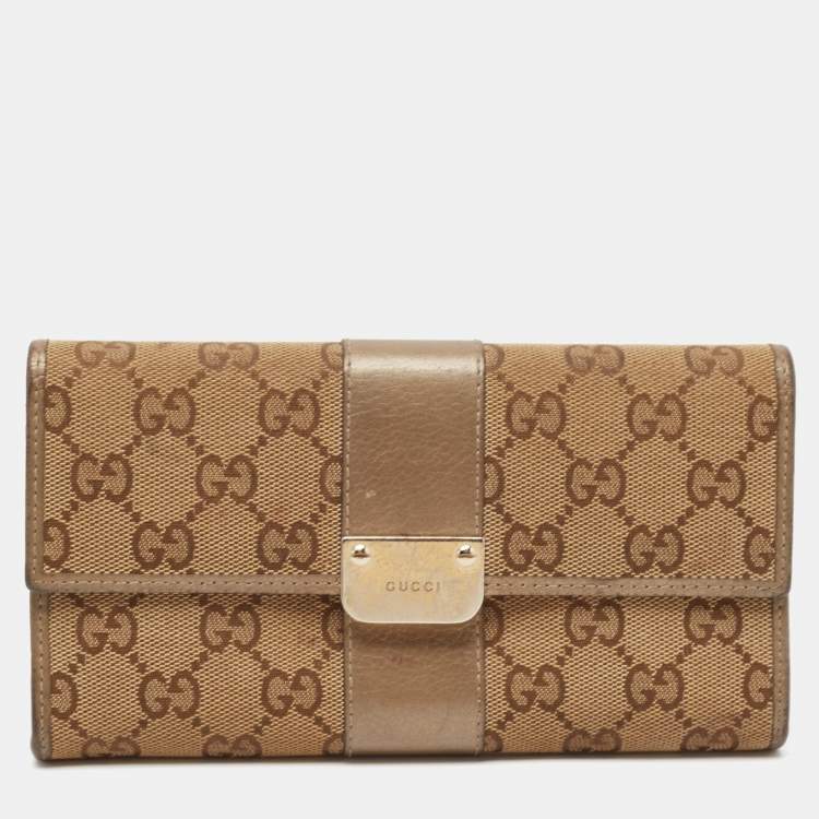 Pre Owned Gucci Beige/Brown GG Canvas and Leather Flap Continental Wallet