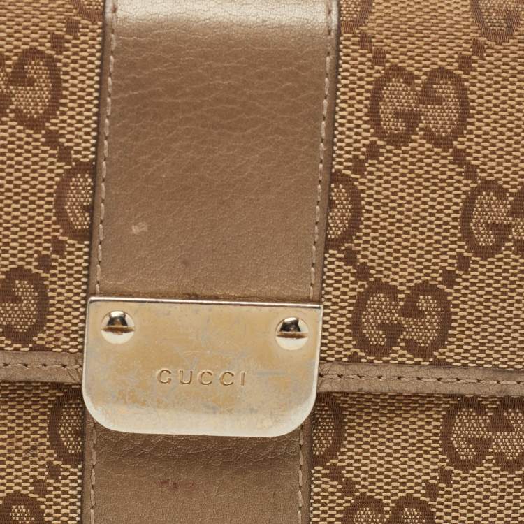 Pre Owned Gucci Beige/Brown GG Canvas and Leather Flap Continental Wallet