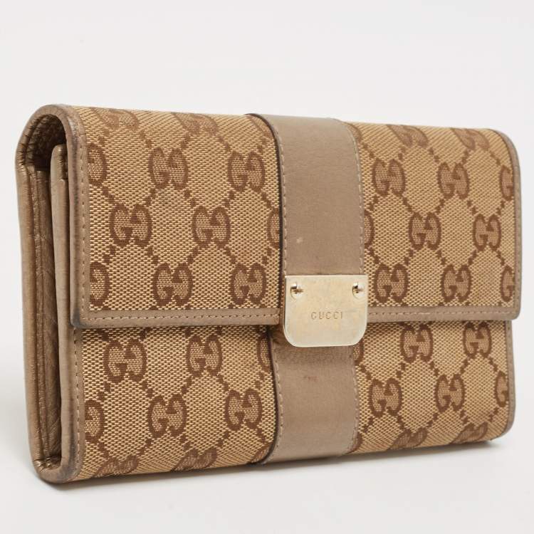Pre Owned Gucci Beige/Brown GG Canvas and Leather Flap Continental Wallet