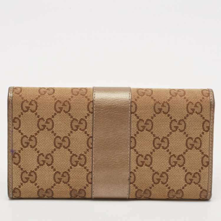 Pre Owned Gucci Beige/Brown GG Canvas and Leather Flap Continental Wallet