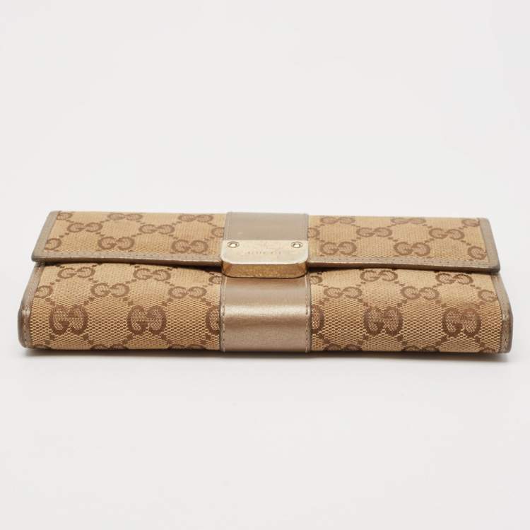 Pre Owned Gucci Beige/Brown GG Canvas and Leather Flap Continental Wallet