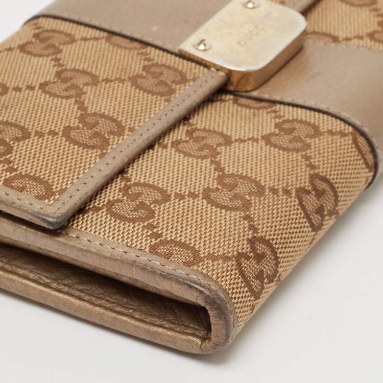 Pre Owned Gucci Beige/Brown GG Canvas and Leather Flap Continental Wallet