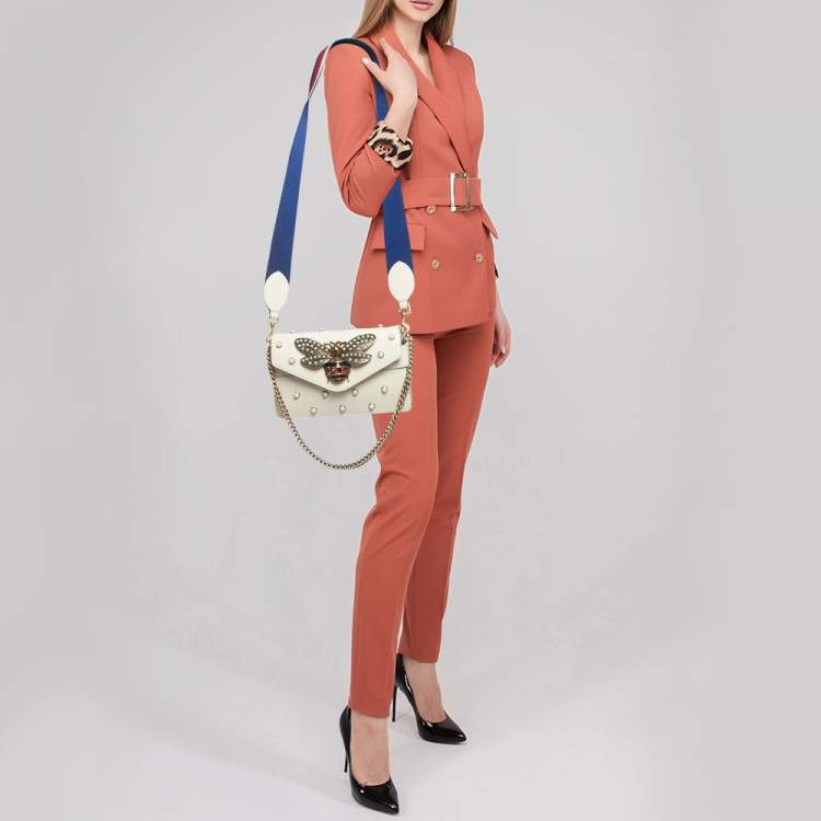 Pre Owned Gucci Off White Leather Broadway Pearly Bee Shoulder Bag
