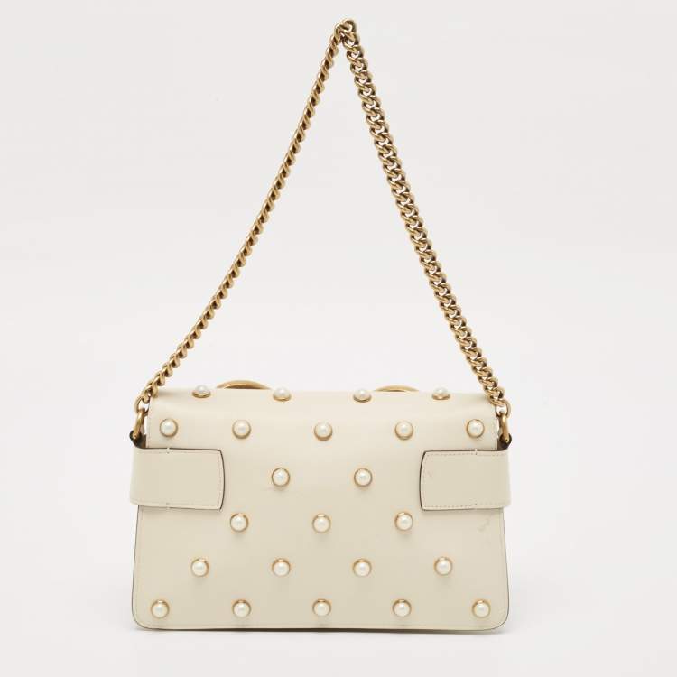 Pre Owned Gucci Off White Leather Broadway Pearly Bee Shoulder Bag