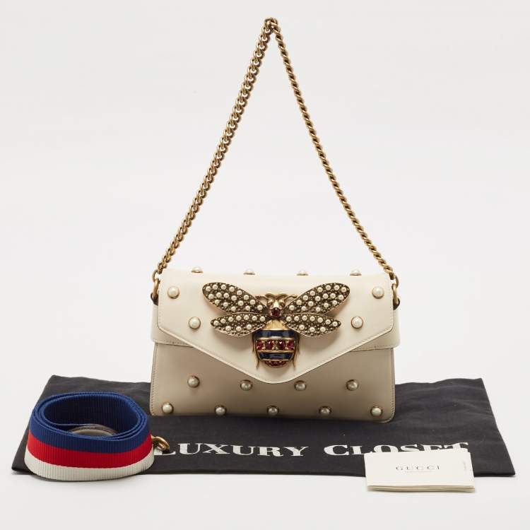 Pre Owned Gucci Off White Leather Broadway Pearly Bee Shoulder Bag