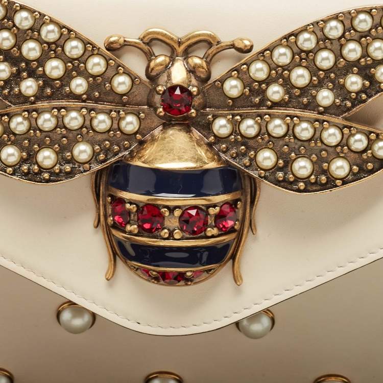 Pre Owned Gucci Off White Leather Broadway Pearly Bee Shoulder Bag