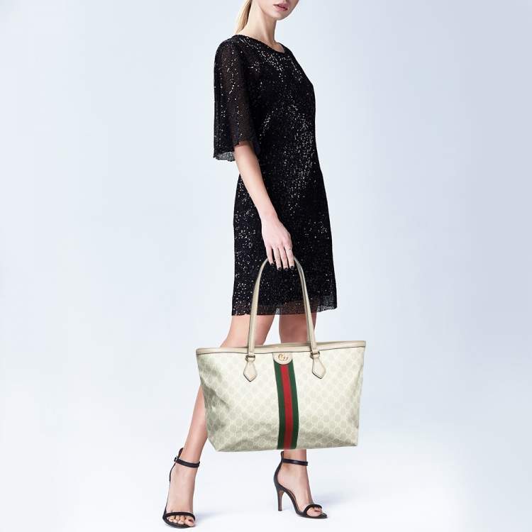 Pre Owned Gucci Beige GG Supreme Canvas and Leather Medium Ophidia Tote