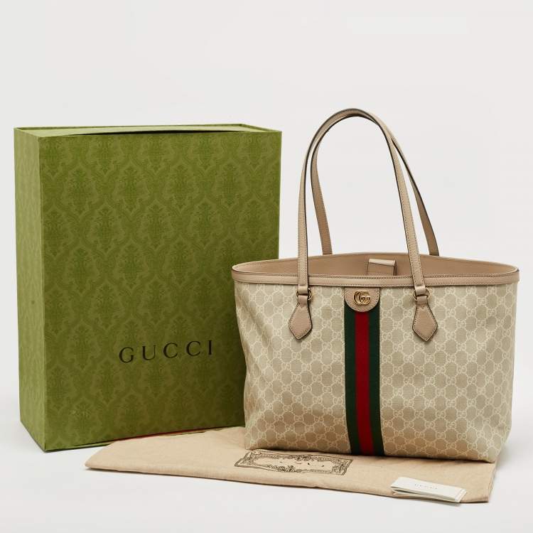 Pre Owned Gucci Beige GG Supreme Canvas and Leather Medium Ophidia Tote