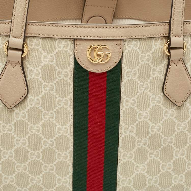 Pre Owned Gucci Beige GG Supreme Canvas and Leather Medium Ophidia Tote