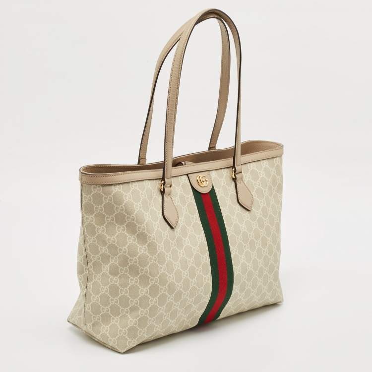 Pre Owned Gucci Beige GG Supreme Canvas and Leather Medium Ophidia Tote
