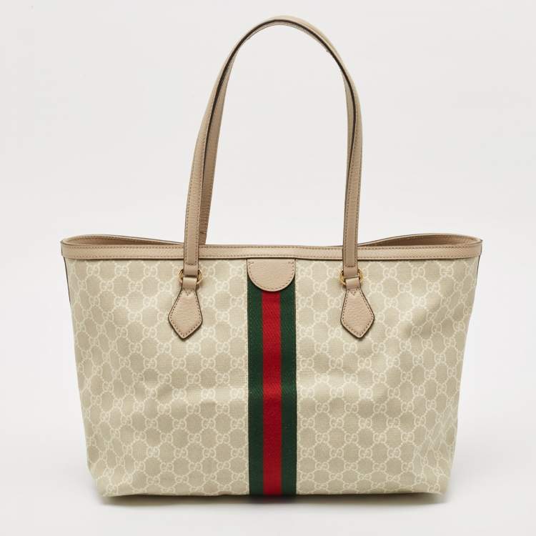 Pre Owned Gucci Beige GG Supreme Canvas and Leather Medium Ophidia Tote