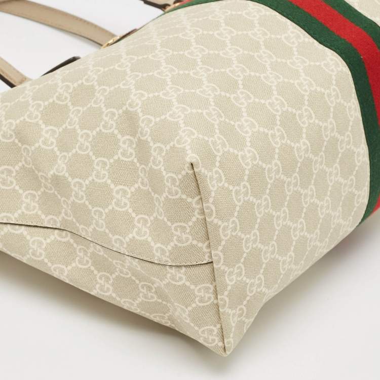 Pre Owned Gucci Beige GG Supreme Canvas and Leather Medium Ophidia Tote