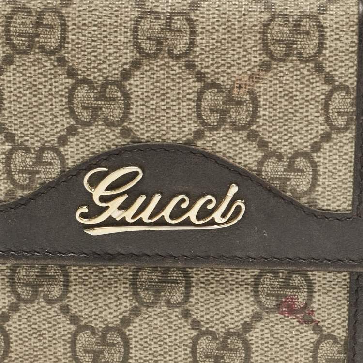 Pre Owned Gucci Brown/Beige GG Supreme Canvas and Leather Logo Flap French Wallet