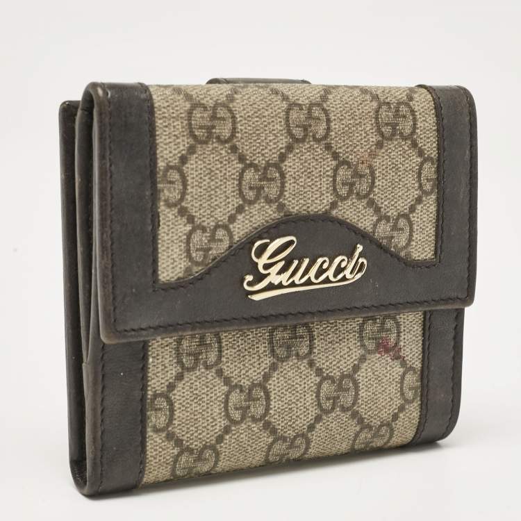 Pre Owned Gucci Brown/Beige GG Supreme Canvas and Leather Logo Flap French Wallet