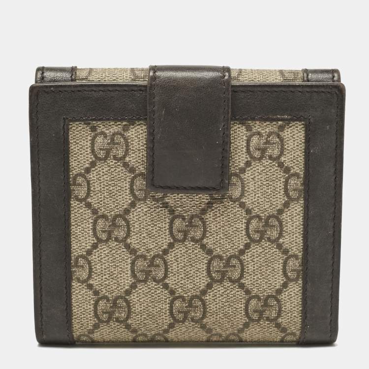 Pre Owned Gucci Brown/Beige GG Supreme Canvas and Leather Logo Flap French Wallet