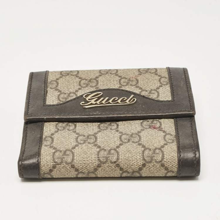 Pre Owned Gucci Brown/Beige GG Supreme Canvas and Leather Logo Flap French Wallet