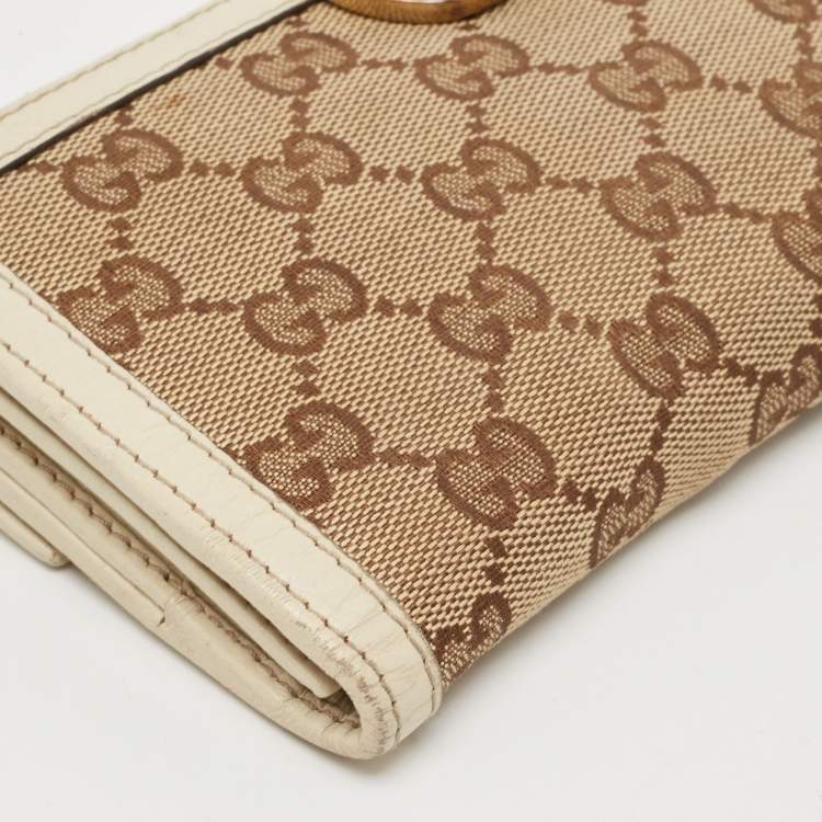 Pre Owned Gucci White/Beige GG Canvas and Leather Icon Bit Flap Continental Wallet