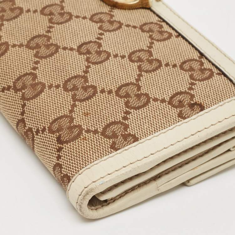 Pre Owned Gucci White/Beige GG Canvas and Leather Icon Bit Flap Continental Wallet