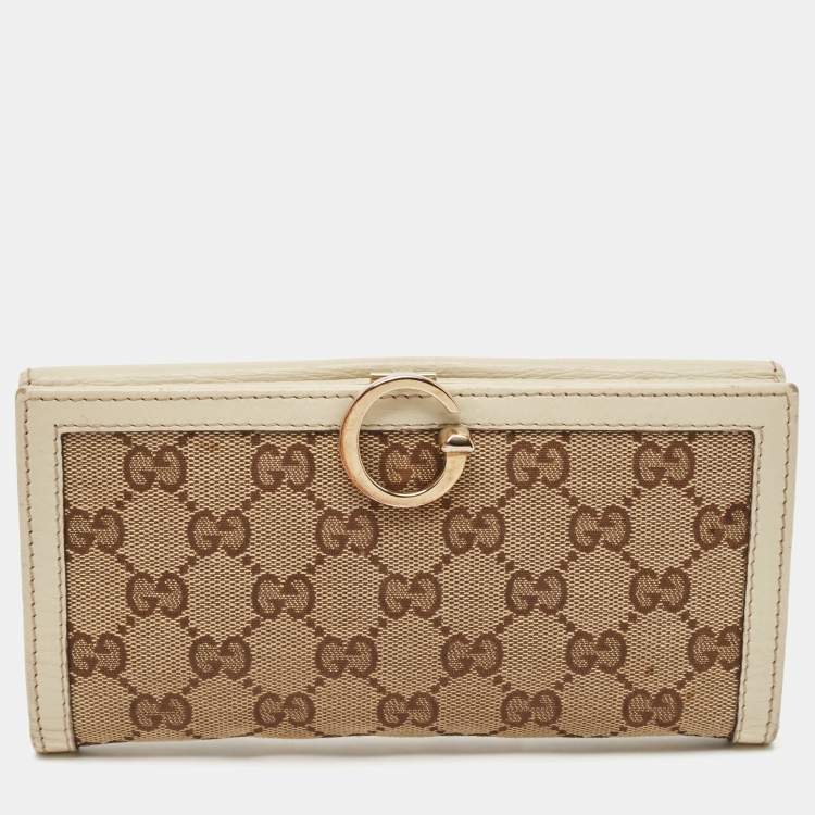 Pre Owned Gucci White/Beige GG Canvas and Leather Icon Bit Flap Continental Wallet