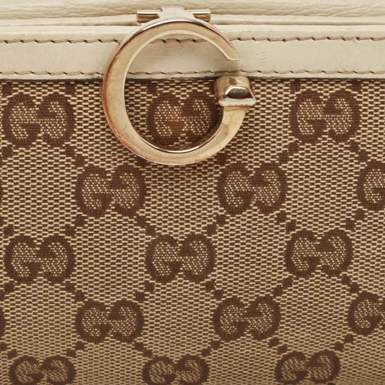 Pre Owned Gucci White/Beige GG Canvas and Leather Icon Bit Flap Continental Wallet